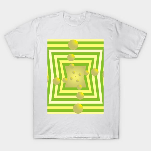 Spheres Pirouetting Through a Green and Yellow Portal T-Shirt by Flabbart